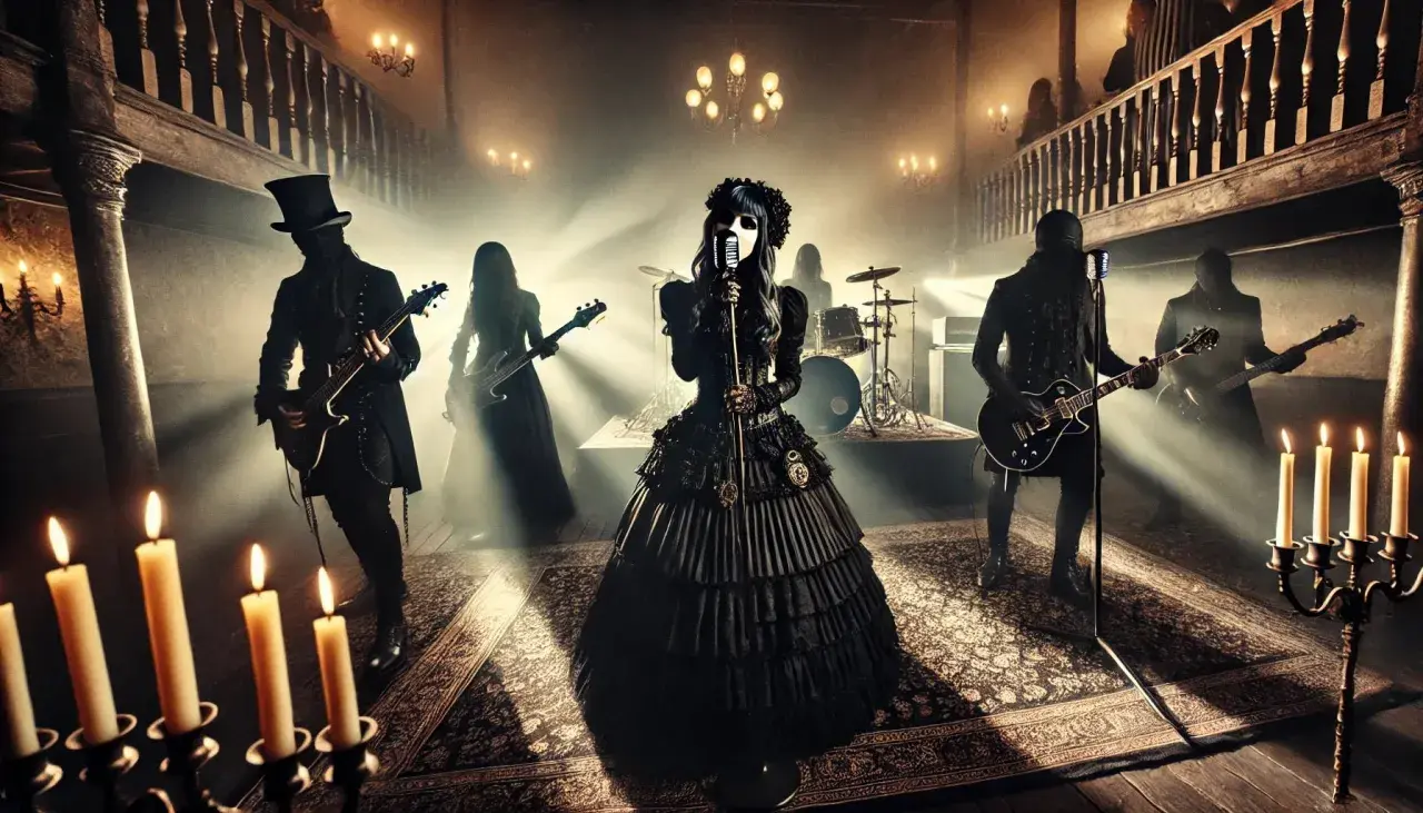 Zespół goth w mrocznym, teatralnym wnętrzu, z wokalistką w koronkowej sukni i muzykami grającymi na gitarach.