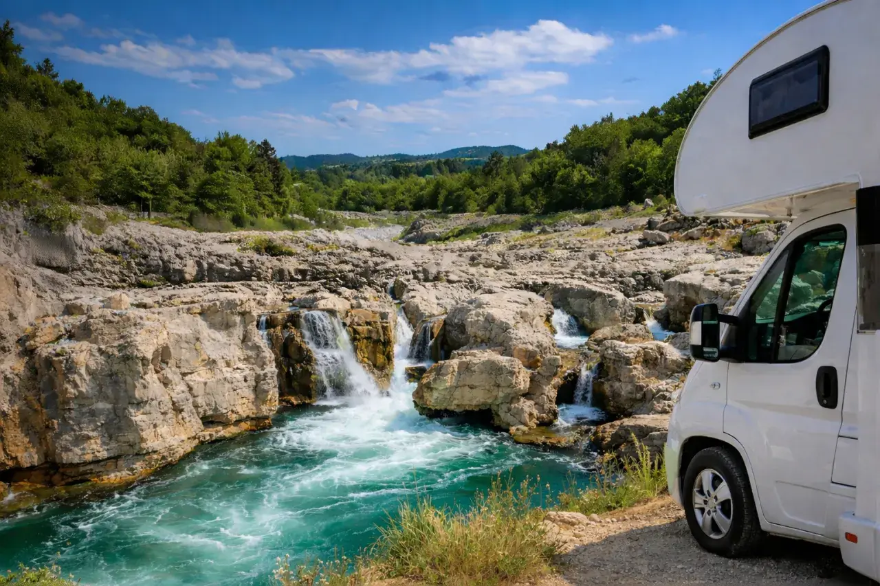Wohnmobil am tosenden Wasserfall, ein wahres Naturwunder Deutschland. Türkises Wasser stürzt über Felsen, umgeben von grünen Hügeln.