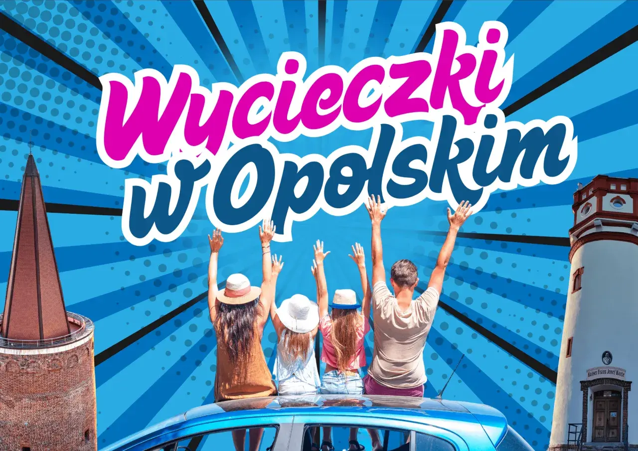 Odkryj magiczne miejsca opolskie! Rodzina na dachu auta pozdrawia z podróży po regionie, obok wieża i latarnia morska.