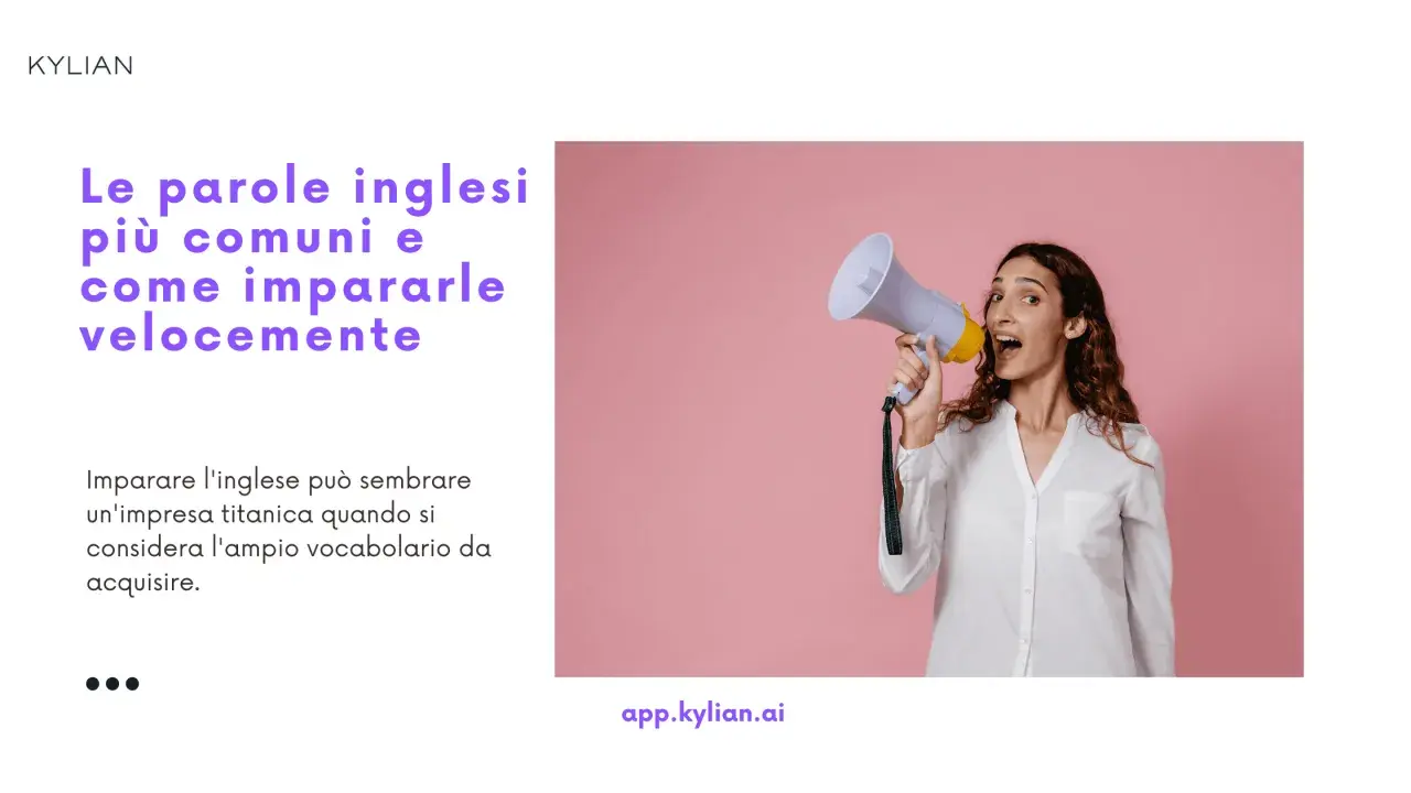 Donna con megafono annuncia le parole inglesi più comuni, per impararle velocemente. Il significato è chiaro: l'inglese è accessibile!