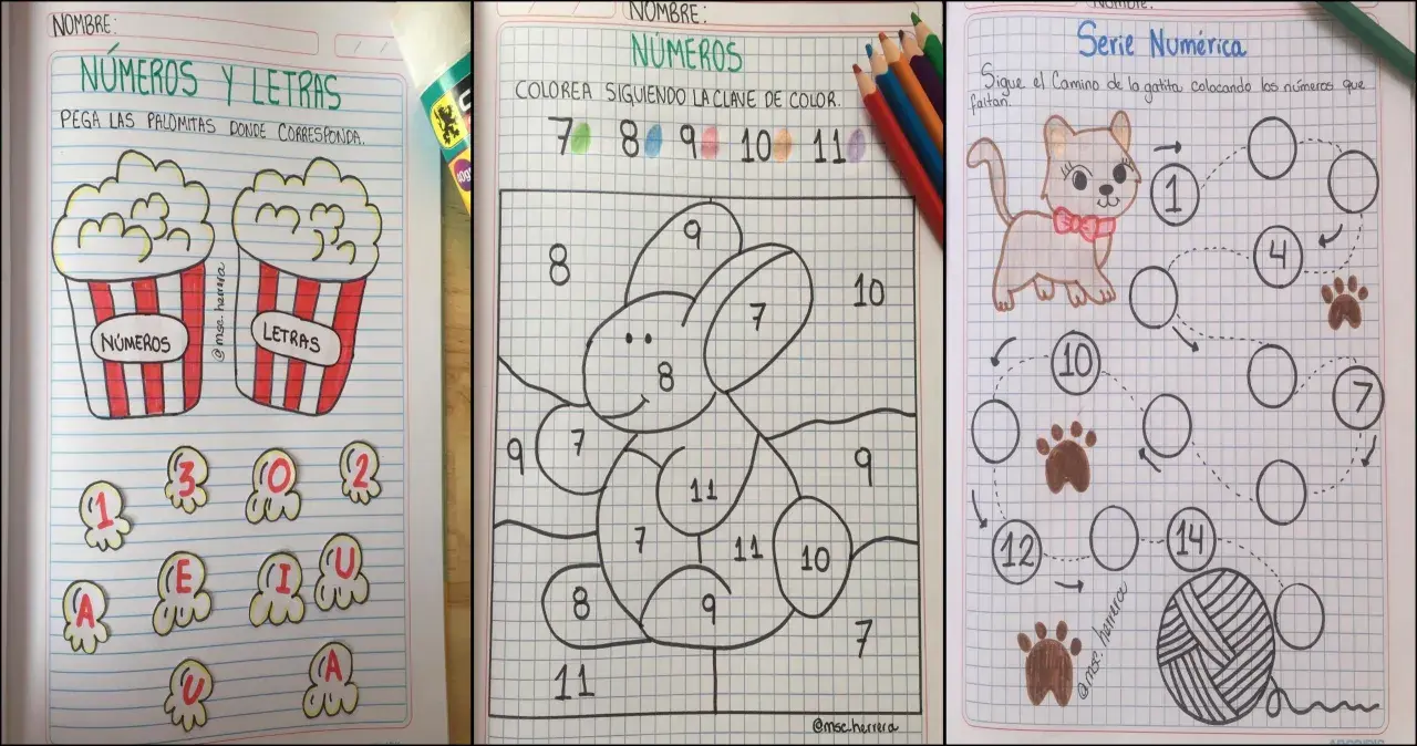 Tres hojas con dibujos bonitos para niños: una de palomitas para asociar números y letras, otra para colorear un conejo siguiendo números, y una serie numérica con un gatito.