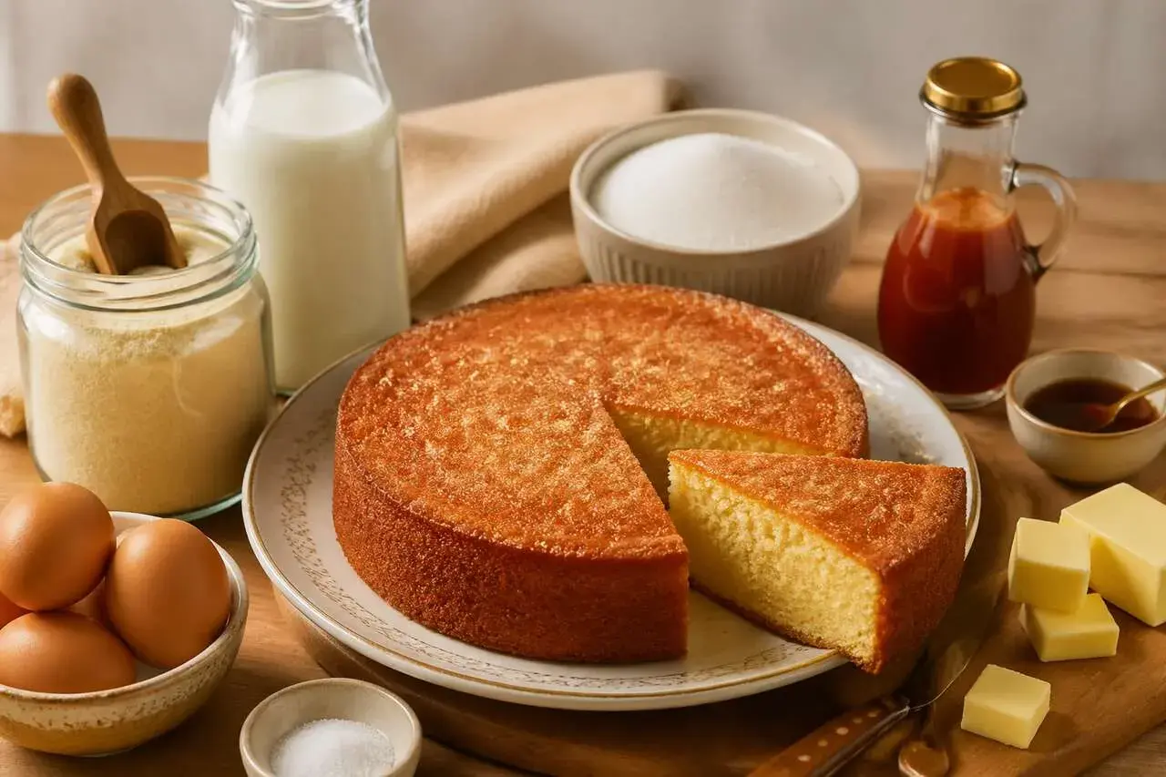 Un délicieux gâteau de semoule, doré et moelleux, entouré de ses ingrédients : œufs, lait, sucre, semoule, beurre et sirop.