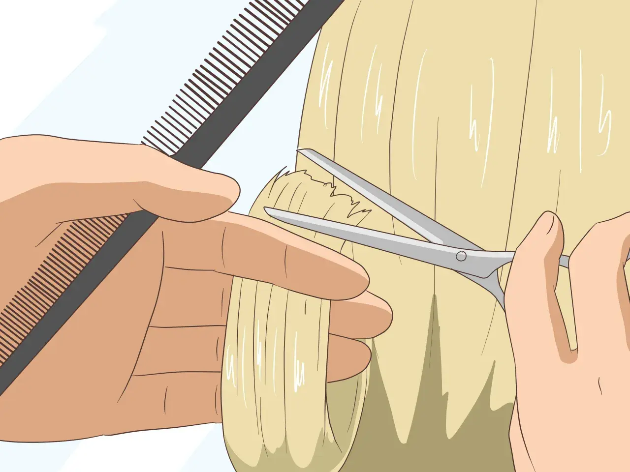 Manos peinando y cortando cabello rubio para quitar volumen.