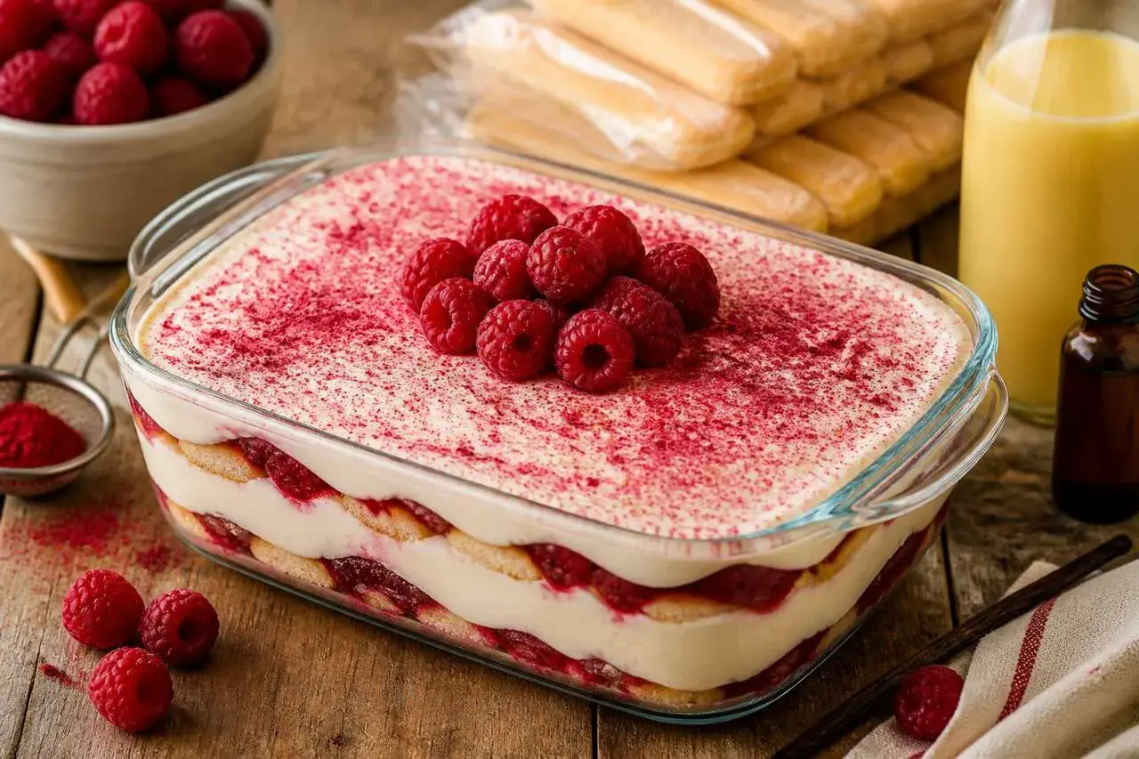 Un délicieux tiramisu framboise, superposé de crème et de fruits rouges, saupoudré de poudre de framboise et garni de framboises fraîches.