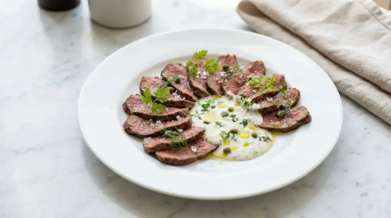 Skivad biff med krämig sås, kapris och örter. Ett perfekt café de Paris sås recept för en lyxig måltid.