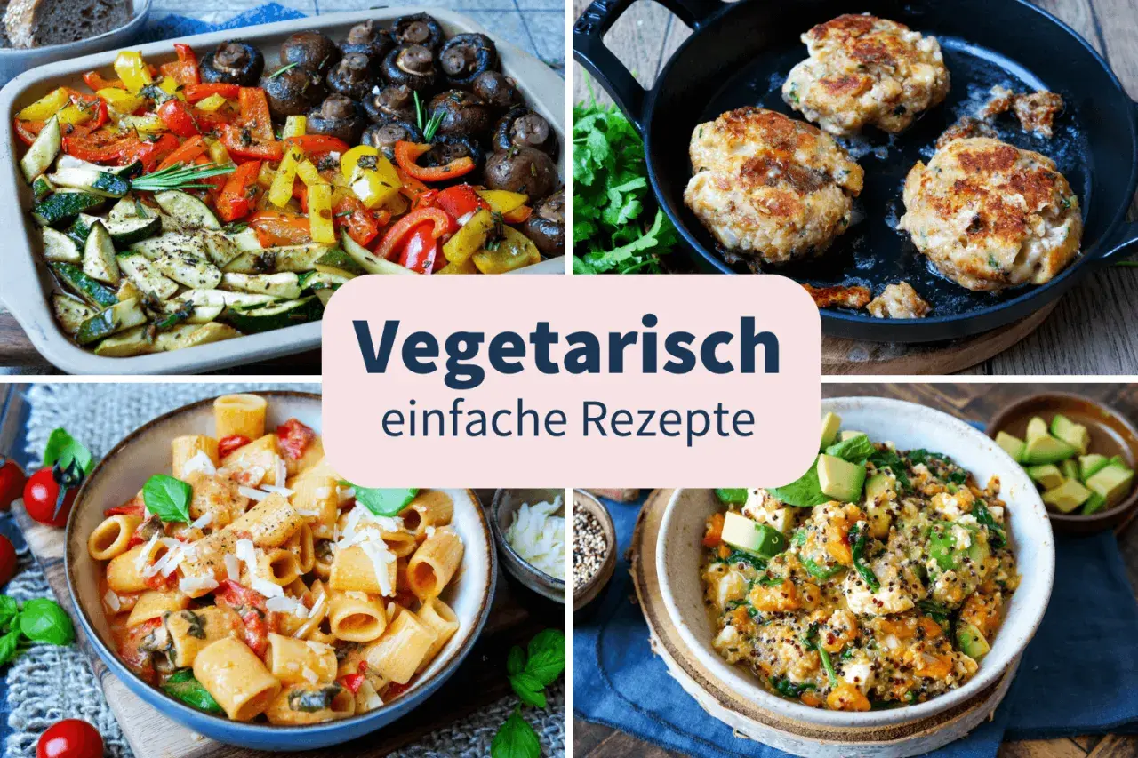 Vier leckere vegetarische Rezepte: Ofengemüse, Bratlinge, Pasta und Quinoa-Bowl. Einfach und köstlich!