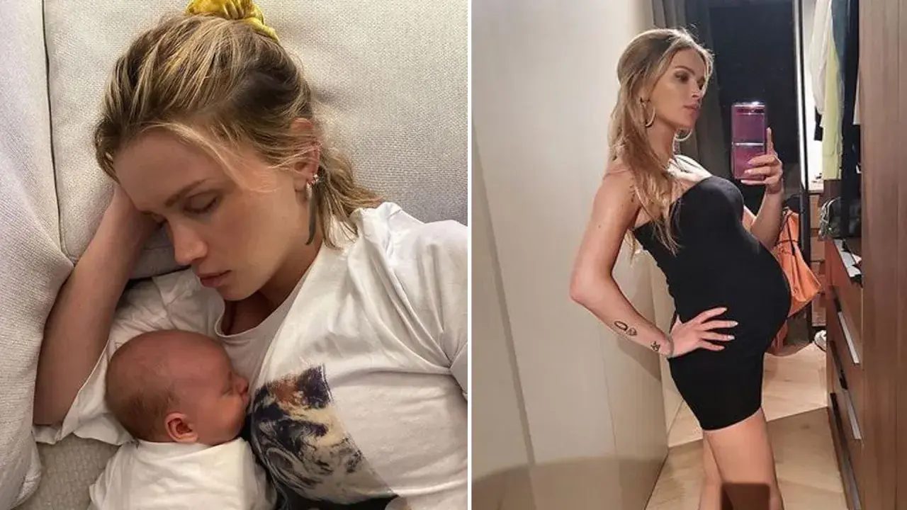 Maffashion w ciąży odpoczywa z dzieckiem na rękach i pozuje w czarnej sukience, prezentując ciążowy brzuszek.