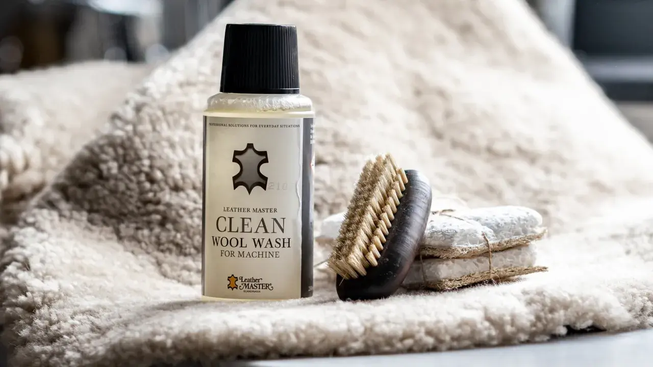 Fluffigt fårskinn med en flaska ullschampo och en borste. Perfekt för att rengöra ditt fårskinn.