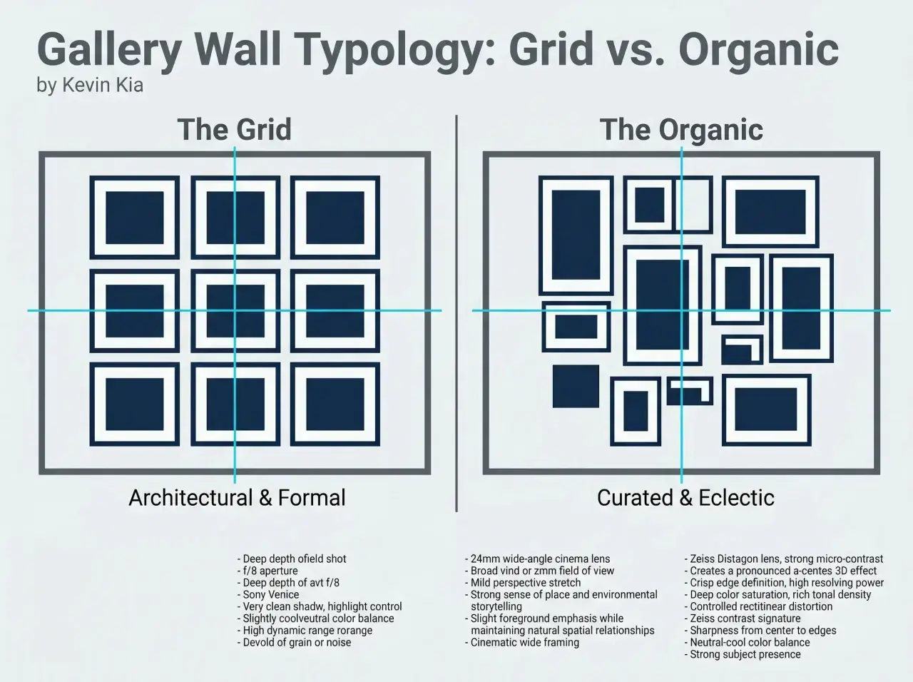 A graphic comparing "The Grid" gallery wall with uniformly spaced frames to "The Organic" gallery wall with varied frame sizes and placements.