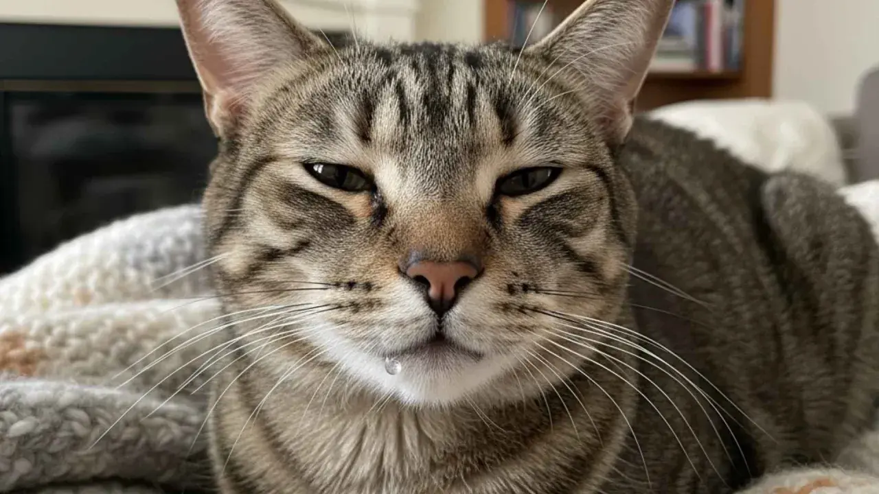 Gato atigrado con una gota de saliva colgando de su labio inferior. Parece que mi gato babea mucho.