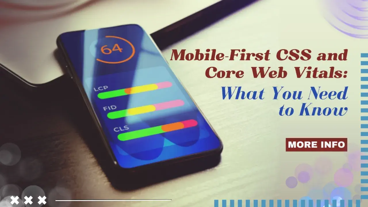Écran de smartphone affichant des métriques de performance web (LCP, FID, CLS) et le texte "Mobile-First CSS and Core Web Vitals".