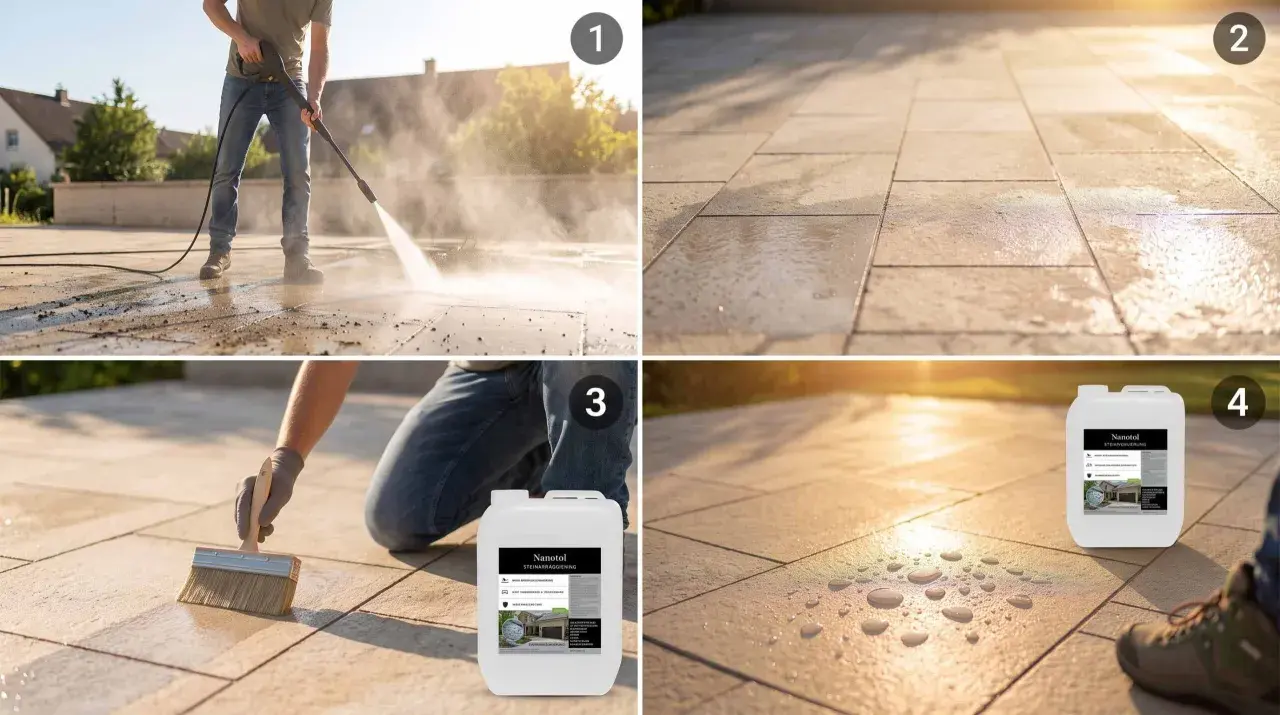 Schritt 1: Betonpflaster reinigen. Schritt 2: Nasse Fläche. Schritt 3: Mit Nanotol Steinversiegelung auftragen. Schritt 4: Wasser perlt ab.