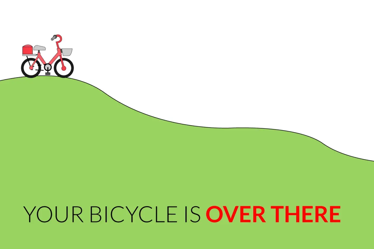 Bicicletta rossa in cima a una collina verde. Il testo dice "YOUR BICYCLE IS OVER THERE", un esempio di avverbi di luogo in inglese.