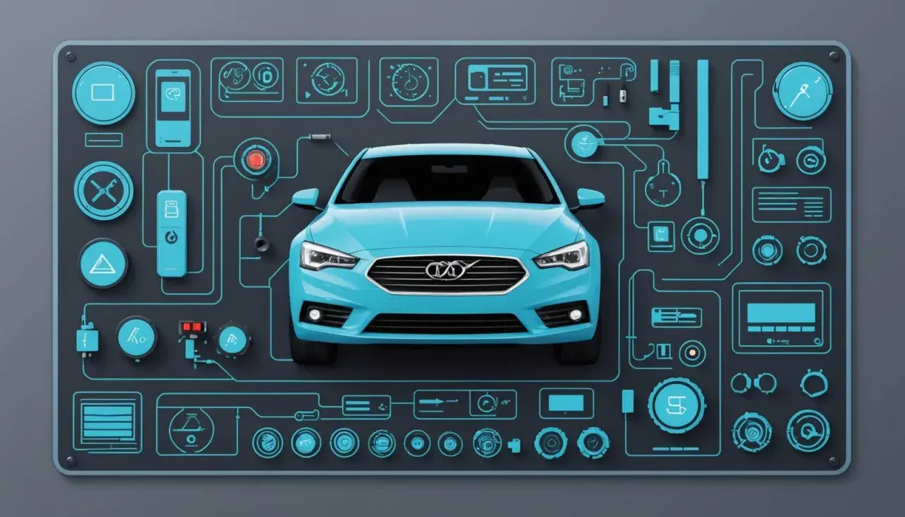 Blå bil omgiven av tekniska diagram och ikoner, som illustrerar ett Lynk & Co problem med bilens system.