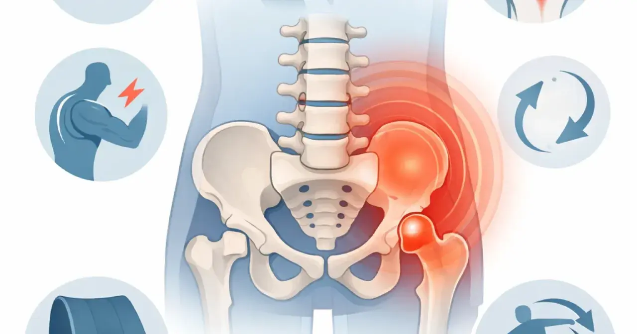 Douleur et inflammation dans la région des muscles paravertébraux lombaires et de la hanche, avec des icônes symbolisant la force, le mouvement et la rééducation.