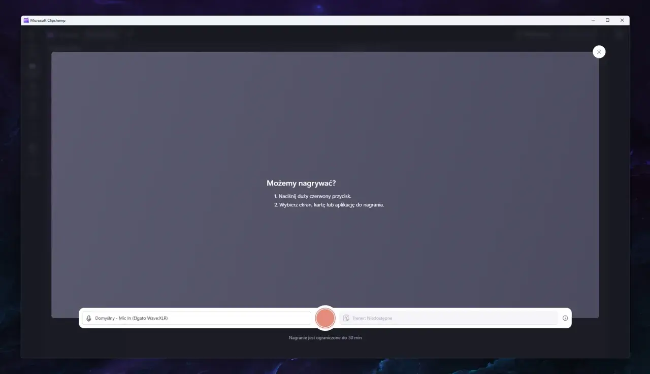 Nagrywanie ekranu Windows 10 w Clipchamp. Wybierz ekran, kartę lub aplikację do nagrania.