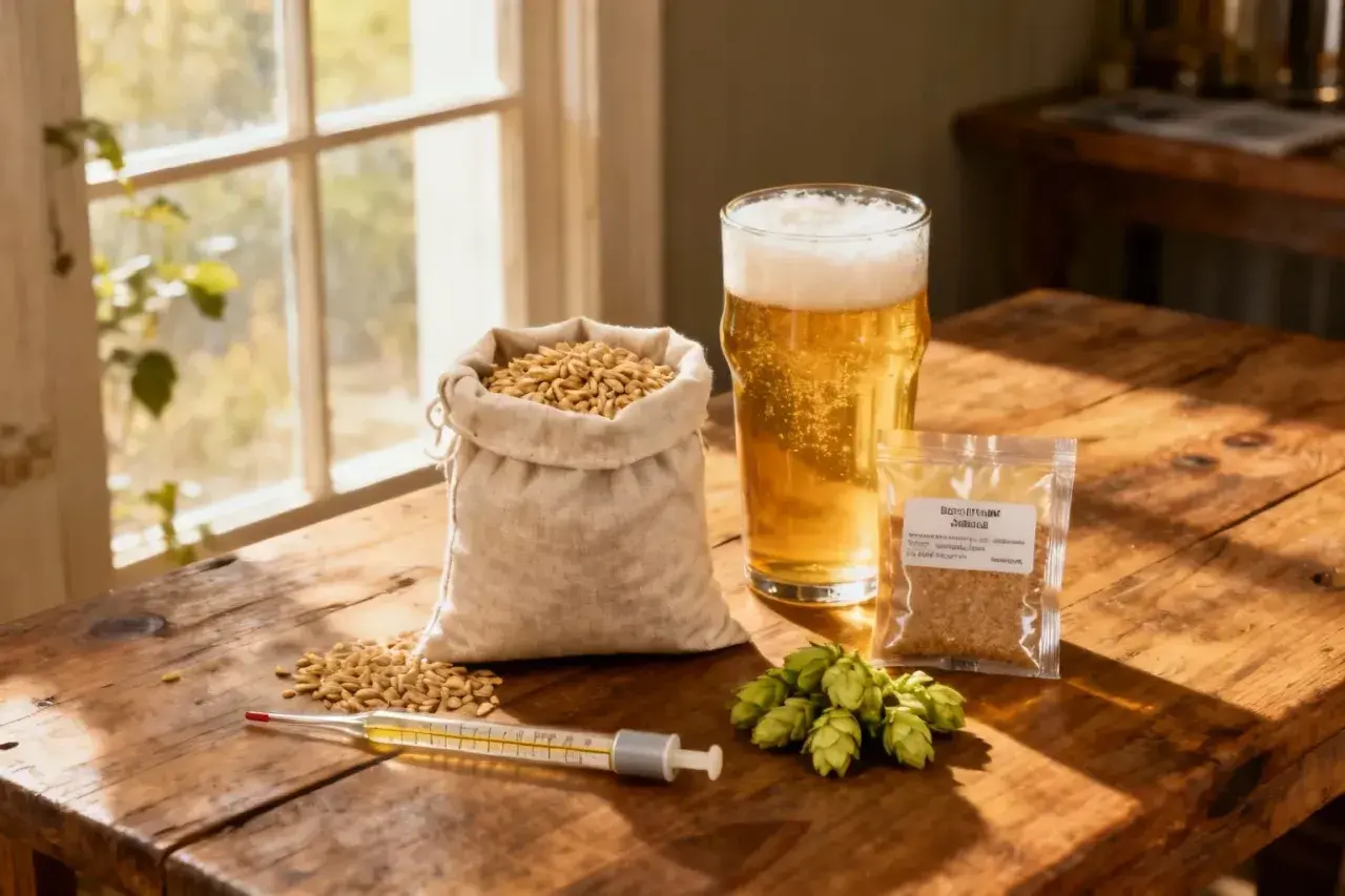 Ingrédients pour le brassage : sac de grains, verre de bière dorée, cônes de houblon, thermomètre et sachet d'épices sur une table en bois.