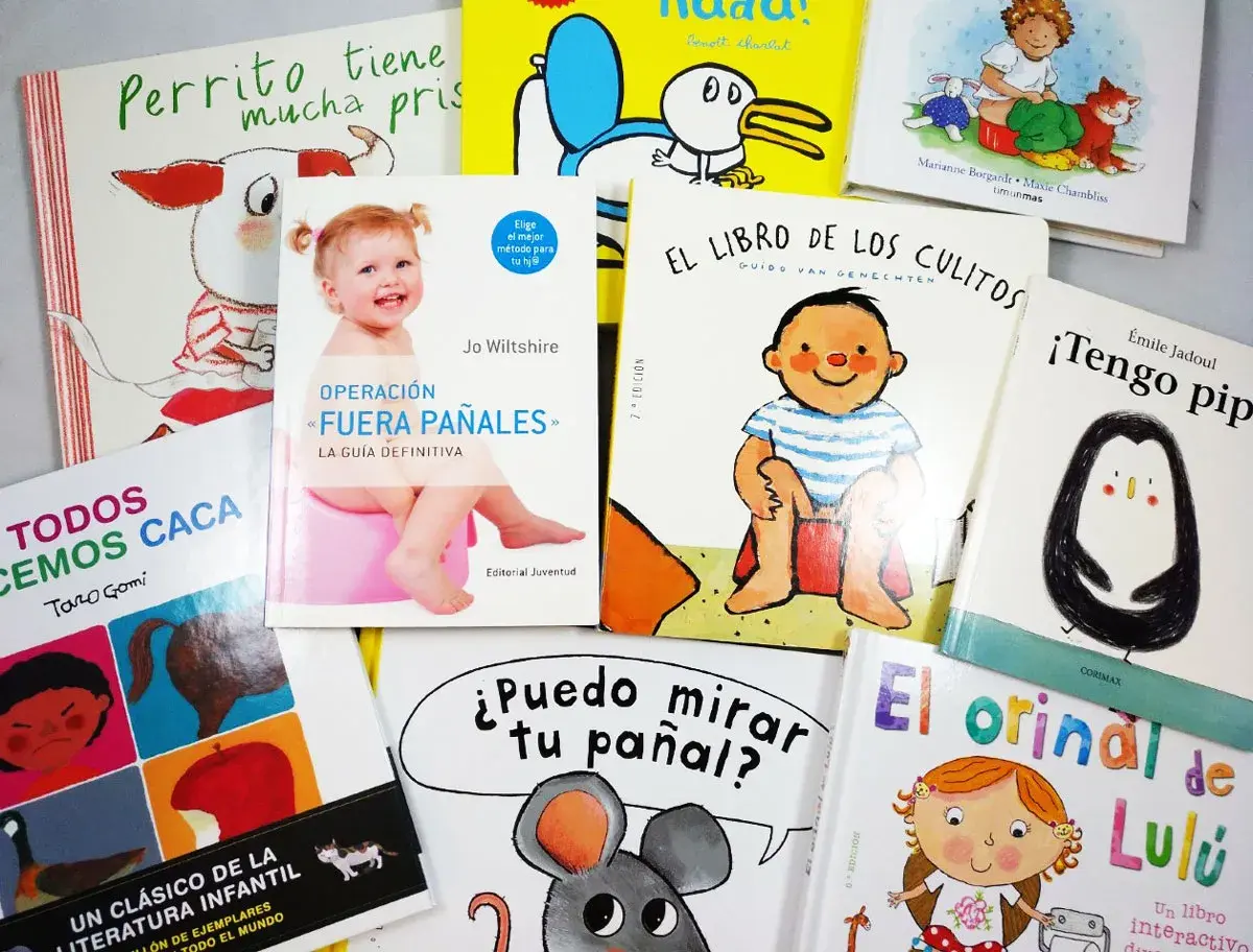 Colección de cuentos para quitar el pañal, con títulos como "Operación Fuera Pañales" y "El Libro de los Culitos", para ayudar a los peques en esta etapa.