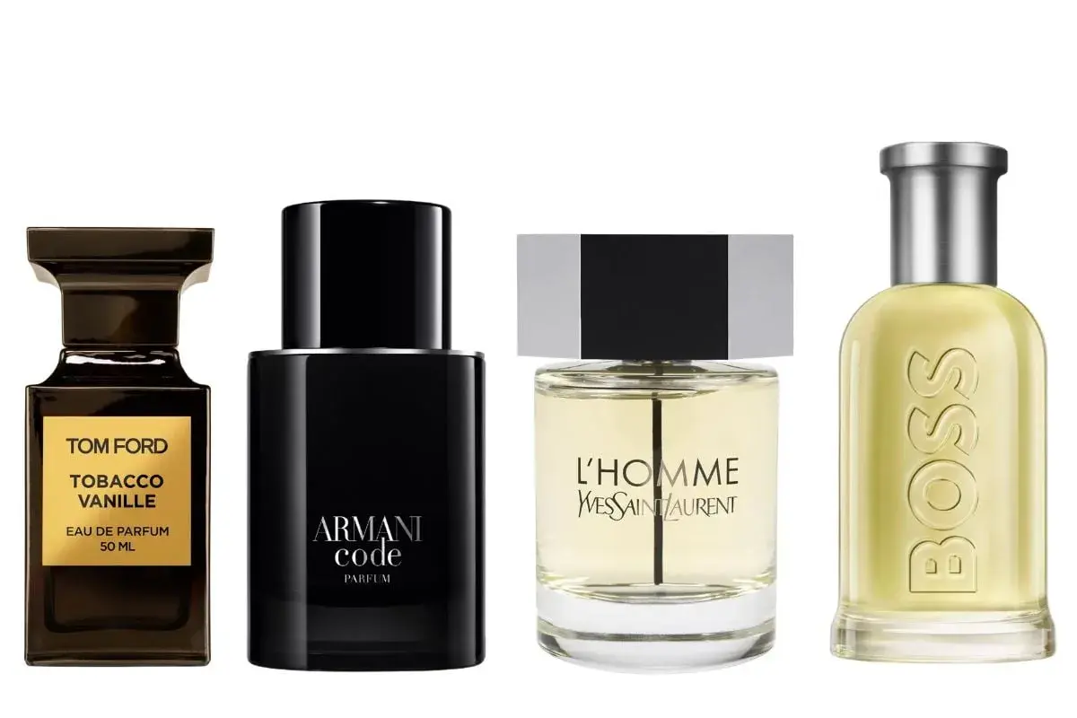 Fyra klassiska herrparfymer: Tom Ford Tobacco Vanille, Armani Code, Yves Saint Laurent L'Homme och Hugo Boss.
