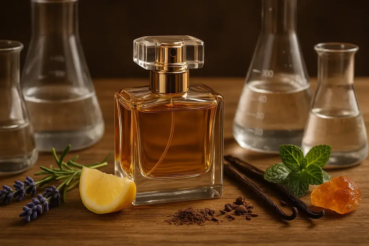 Elegancka butelka perfum otoczona naturalnymi składnikami: lawendą, cytryną, wanilią, miętą i bursztynem.