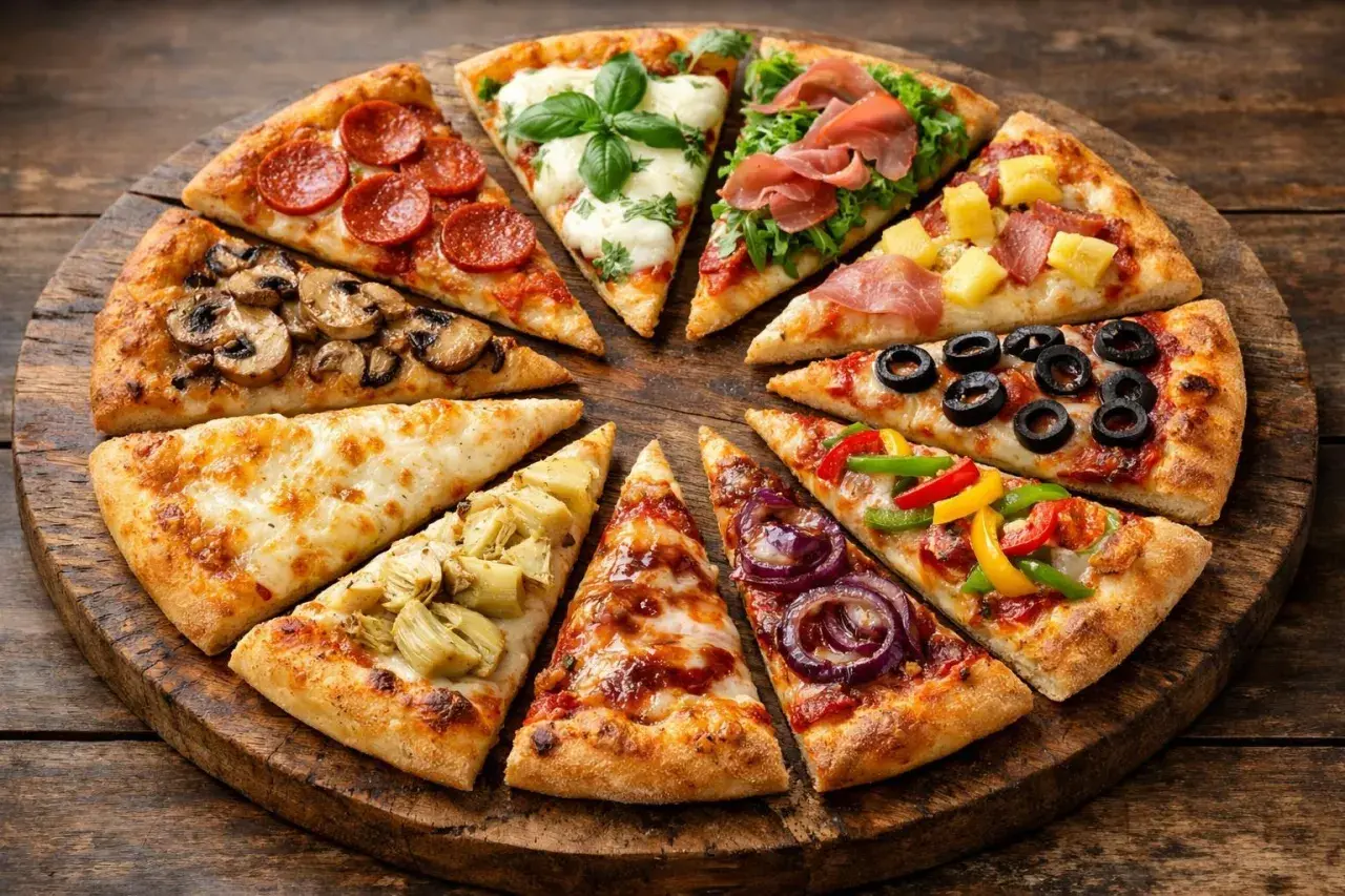 Un assortiment de parts de pizza aux garnitures variées : pepperoni, champignons, artichauts, olives, poivrons, oignons rouges, jambon, ananas. Une belle idée garniture pizza pour tous les goûts.