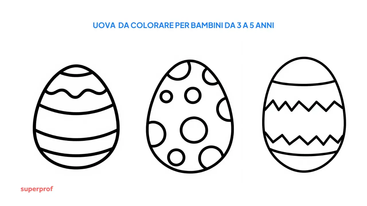 Tre disegni da colorare uova di pasqua con motivi a onde, pois e zig-zag, perfetti per i più piccoli.