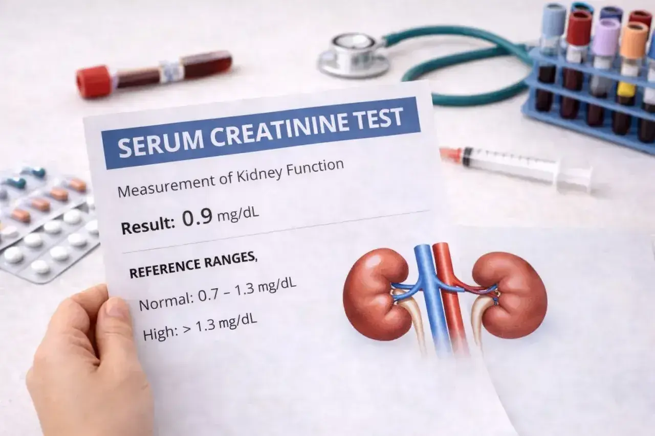 Wynik badania kreatyniny 0.9 mg/dL mieści się w normie, co świadczy o prawidłowej funkcji nerek.