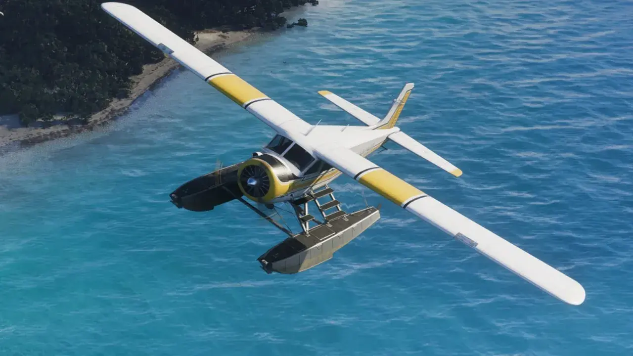 Samolot wodnosamolot z żółtymi pasami nad turkusową wodą. Szukasz kodów do GTA 5 na samolot?