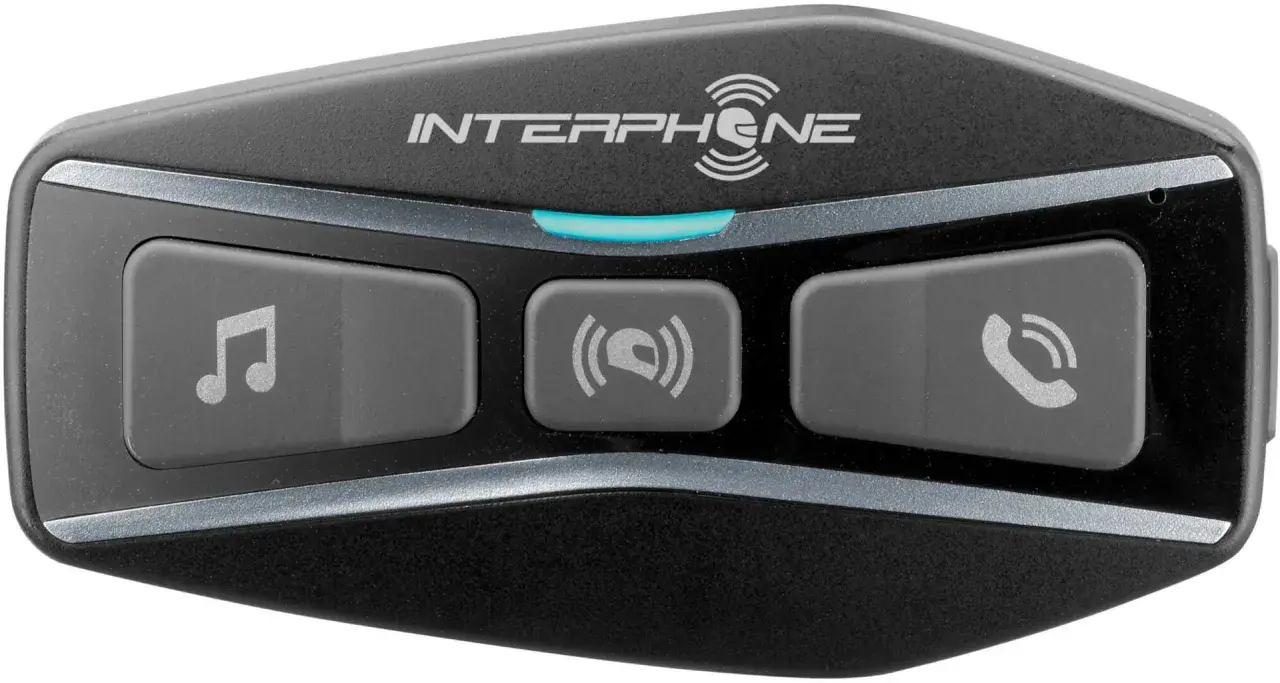 Interkom motocyklowy Interphone z przyciskami muzyki, interkomu i telefonu.