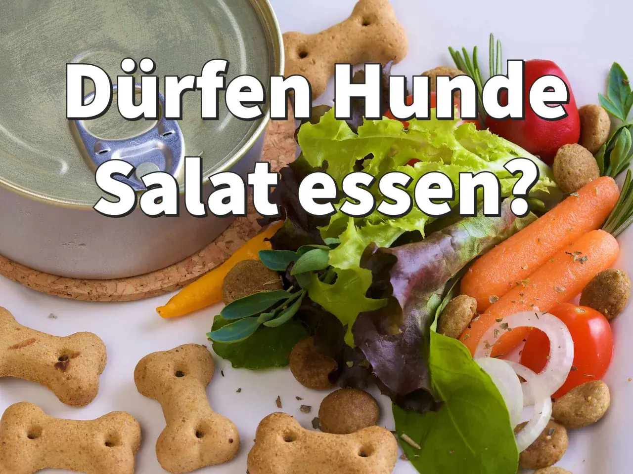 Dürfen Hunde Salat essen? Eine Dose Hundefutter neben frischem Salat, Karotten, Tomaten und Knochenkeksen wirft diese Frage auf.