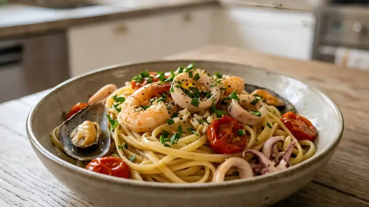 Un plat de pâtes aux fruits de mer, garni de crevettes, calamars, moules et tomates cerises, parsemé de persil frais.