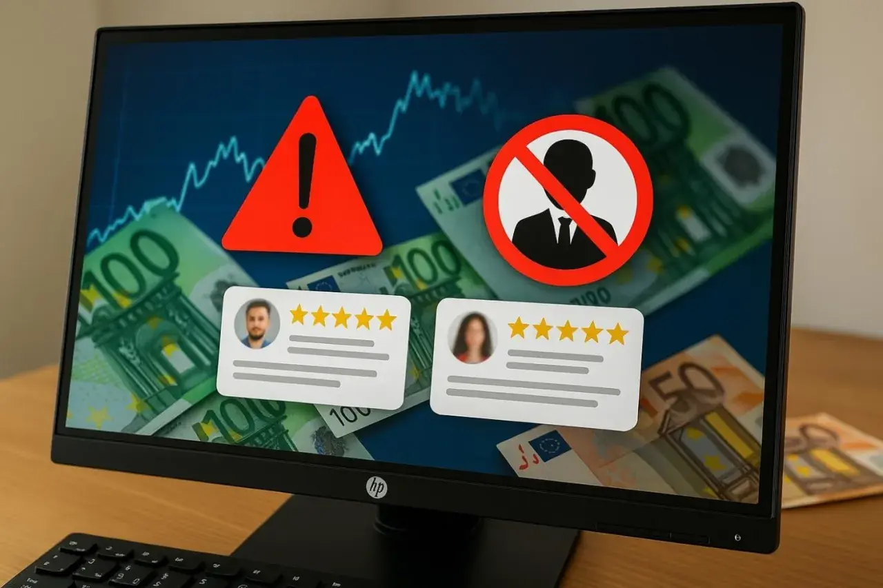 Avertissement sur un écran d'ordinateur : graphiques, billets en euros, icône d'interdiction et avis clients. Cela pourrait illustrer une liste noire des sites de vente en ligne.