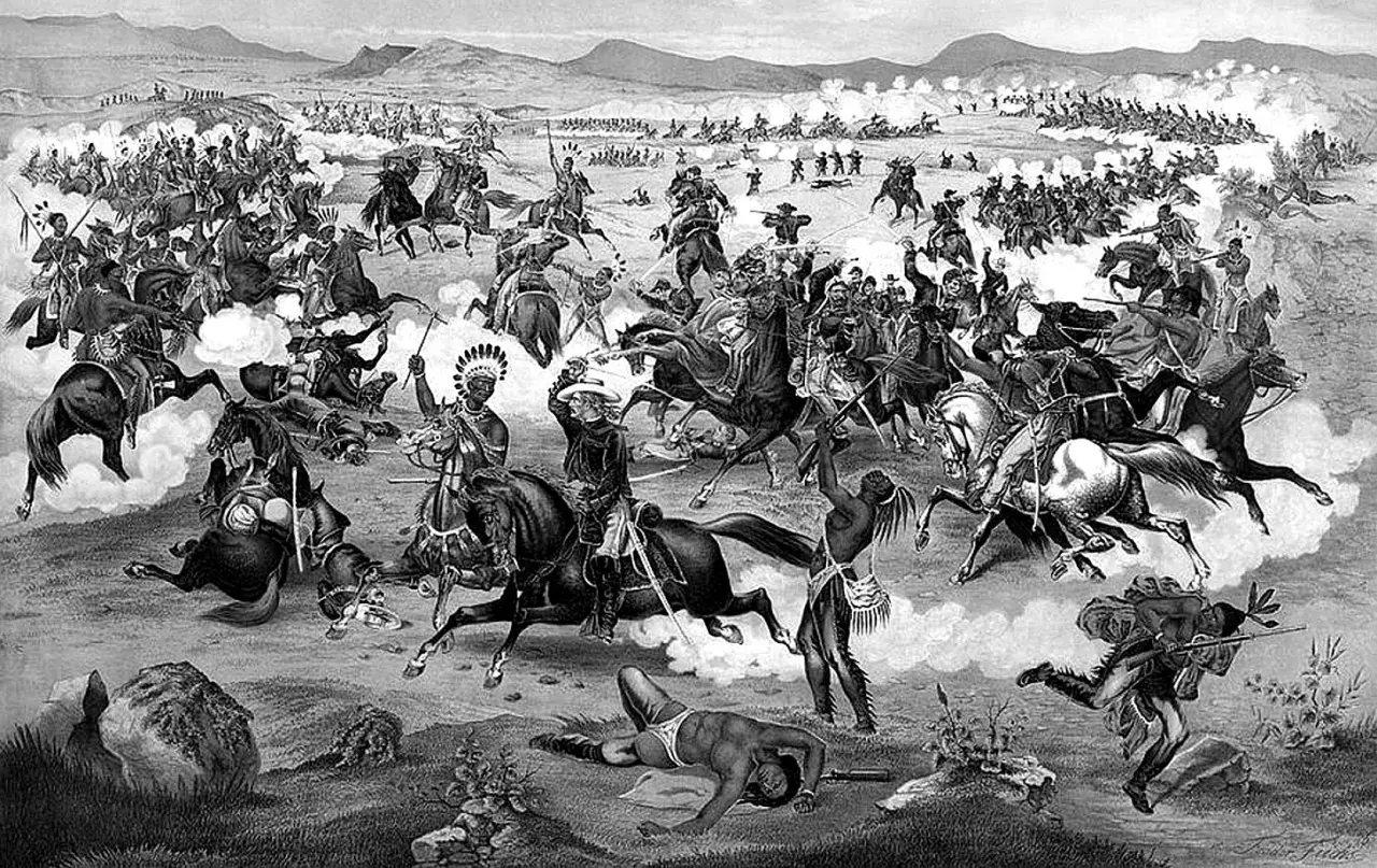 Bitwa na równinach, gdzie **dakota wśród Indian** walczy z żołnierzami. Widać chaos, konie i dym.