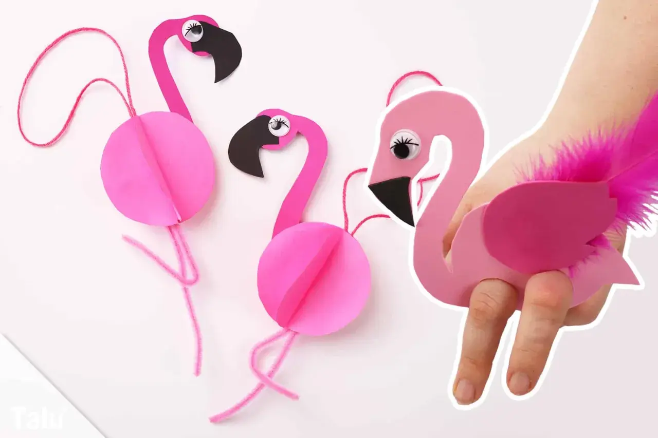 Basteln mit Papier: Süße Flamingos mit Federn und Schnur. Ein Flamingo wird als Ring getragen.