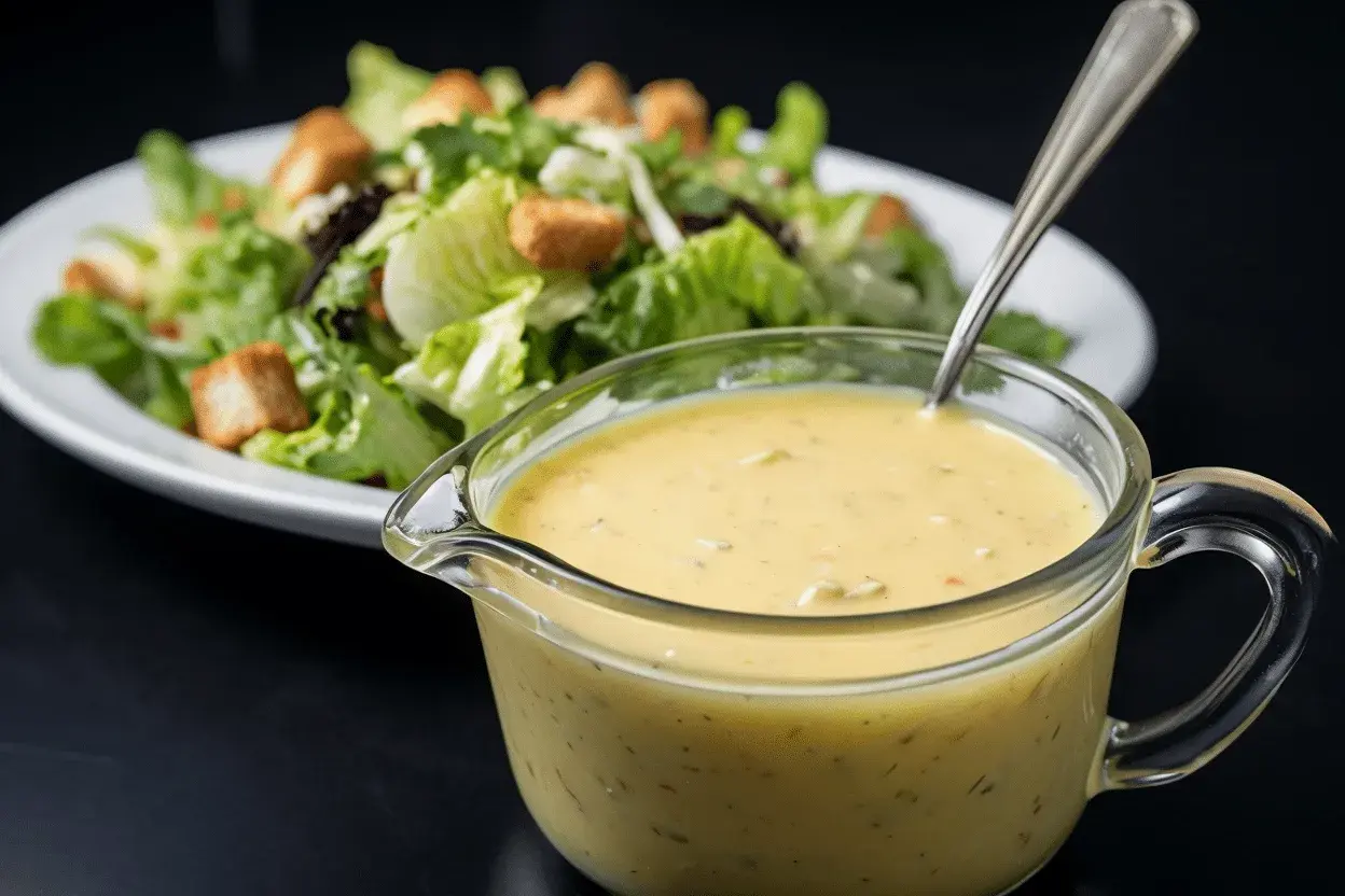 Cremosa salsa césar en una jarra de vidrio, lista para aderezar una ensalada fresca con lechuga y crutones.