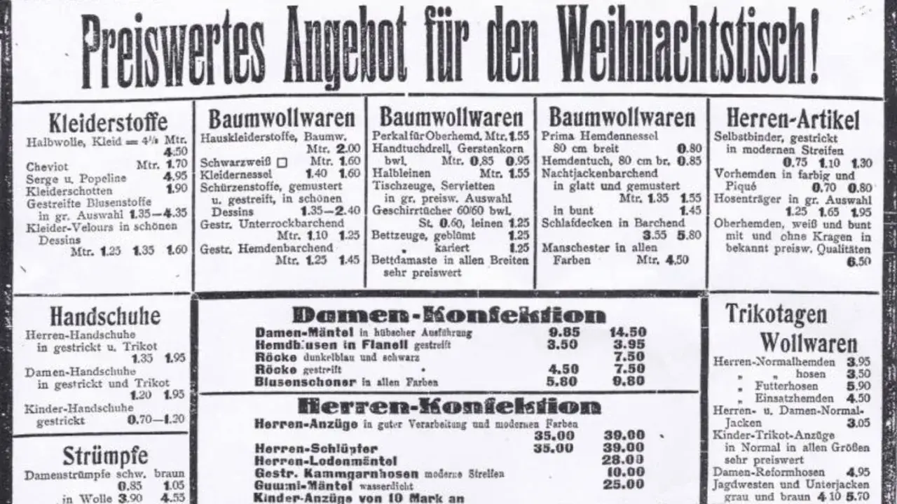Preise von 1923: Kleider, Stoffe, Herren-Artikel. Ein Blick auf die Hyperinflation 1923.