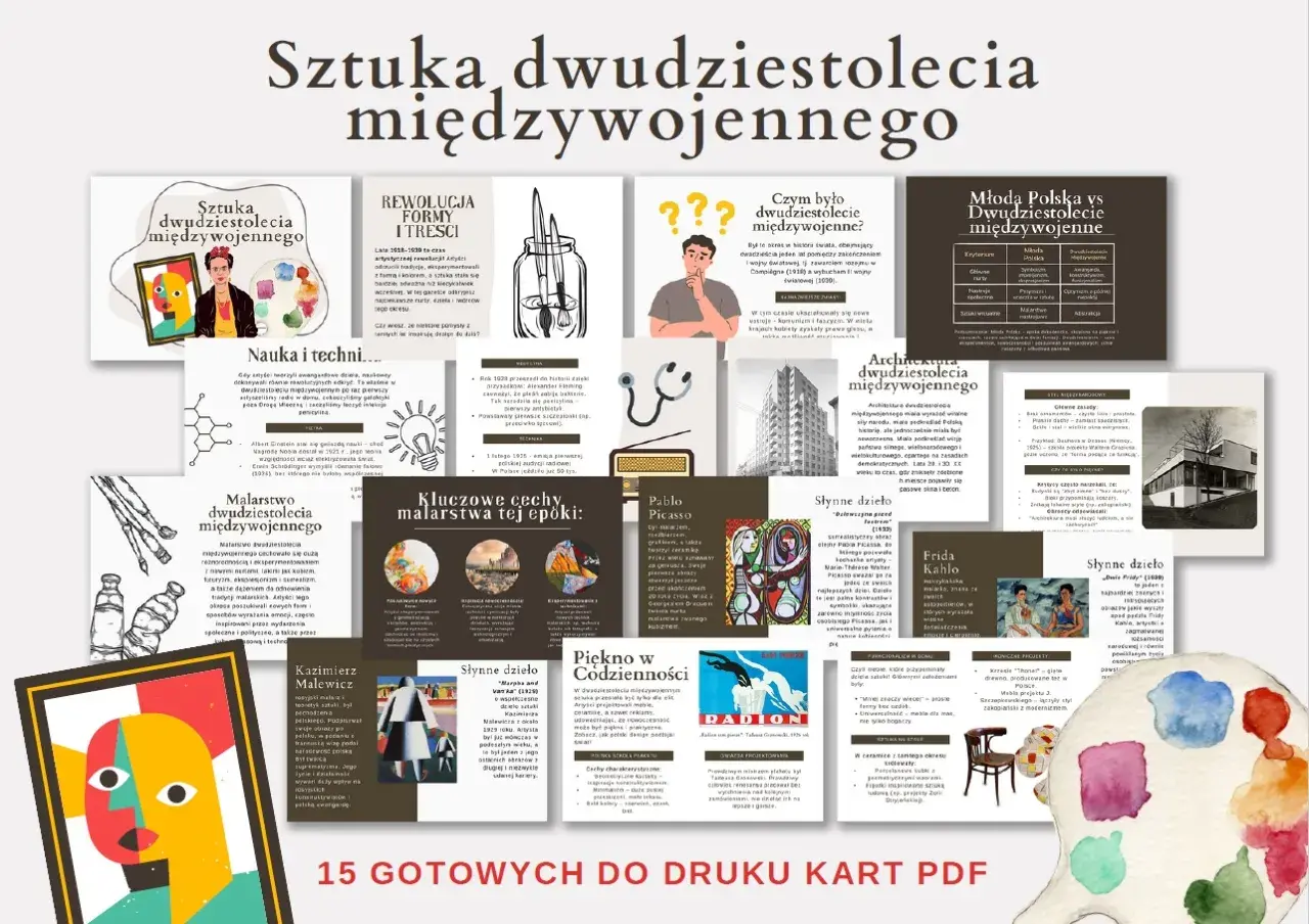 Sztuka dwudziestolecia międzywojennego: malarstwo, architektura, nauka i technika. Odkryj kluczowe cechy epoki, dzieła Picassa, Fridy Kahlo i Malewicza.