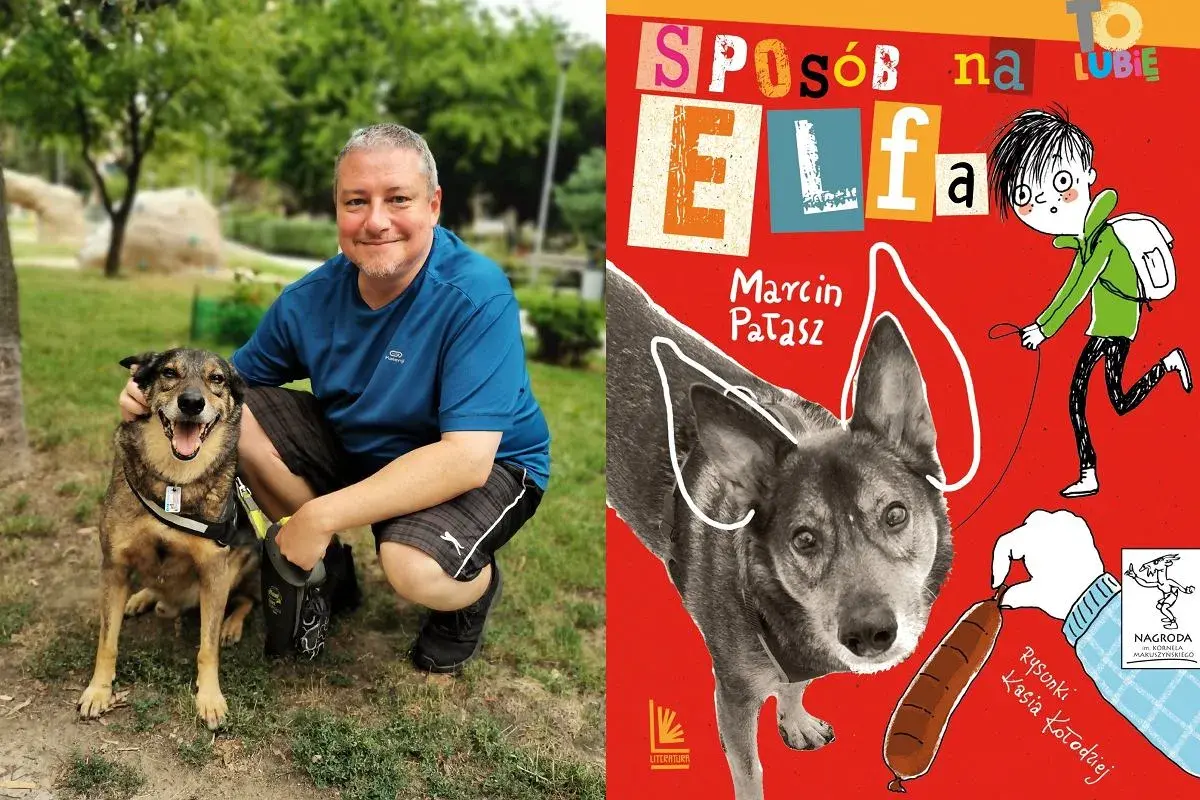 Mężczyzna z psem na spacerze obok okładki książki "Sposób na elfa".