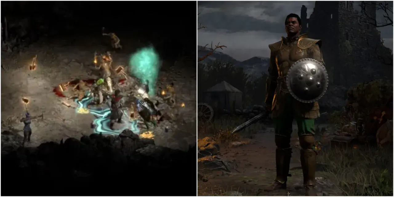 Paladyn z Diablo 2 w zbroi, walczący z potworami w jaskini i stojący na tle zamku.