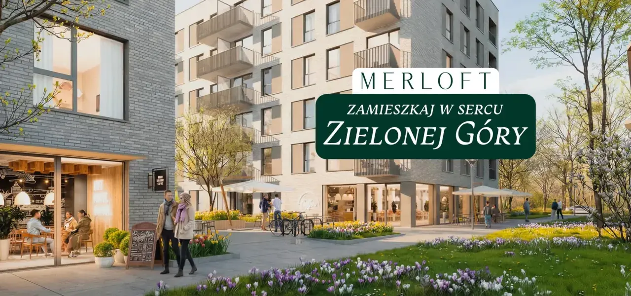 Nowoczesne osiedle z kawiarnią i ludźmi spacerującymi po zielonym dziedzińcu.