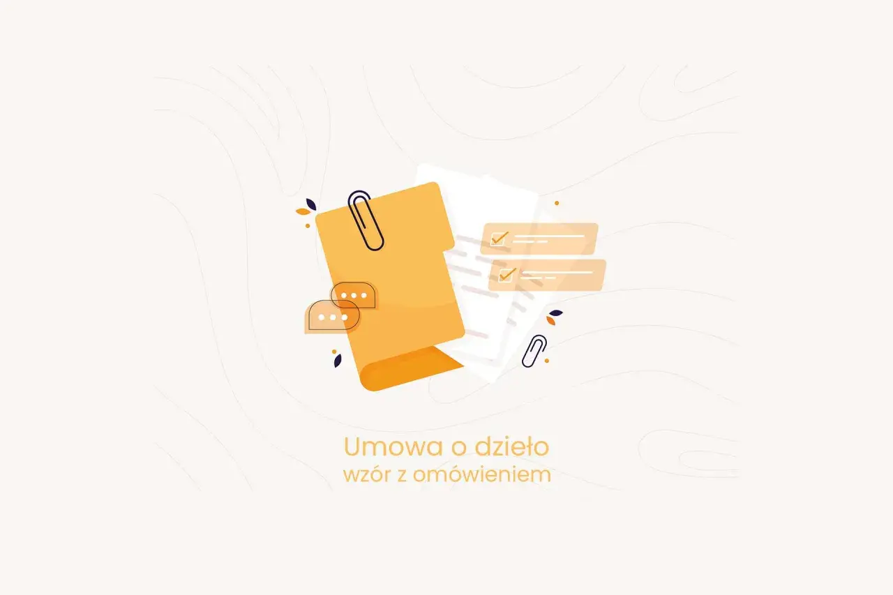Ilustracja przedstawia dokumenty, spinacz i dymki czatu, symbolizujące umowę o dzieło po angielsku.