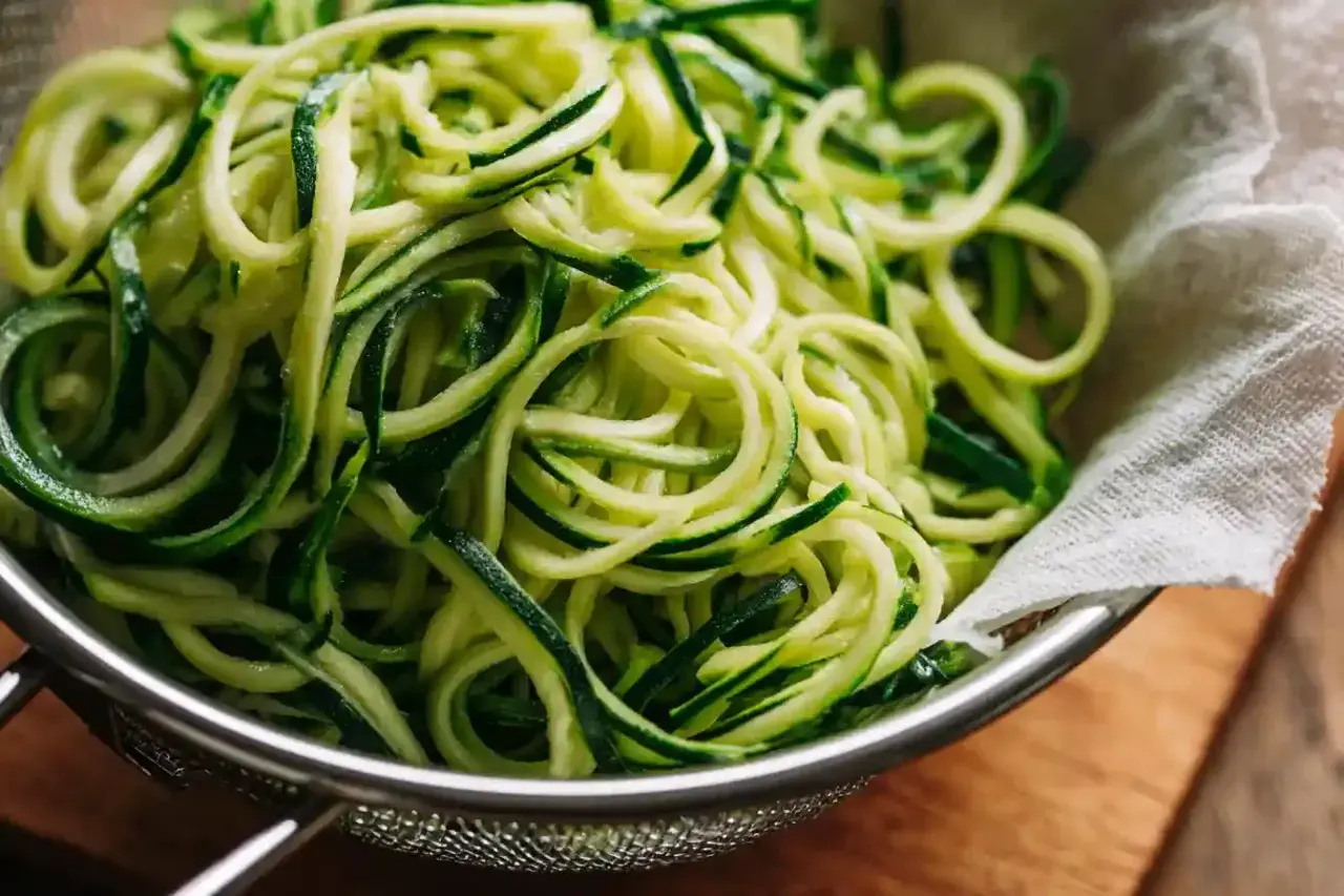 Frische Zucchini Spaghetti in einem Sieb, bereit für eine leichte Mahlzeit.