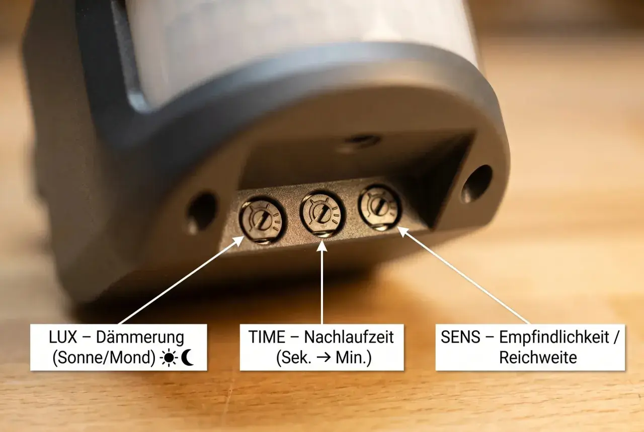 Nahaufnahme von drei Einstellrädern an einem Bewegungsmelder: LUX (Dämmerung), TIME (Nachlaufzeit) und SENS (Empfindlichkeit/Reichweite). So lässt sich der Bewegungsmelder einstellen.