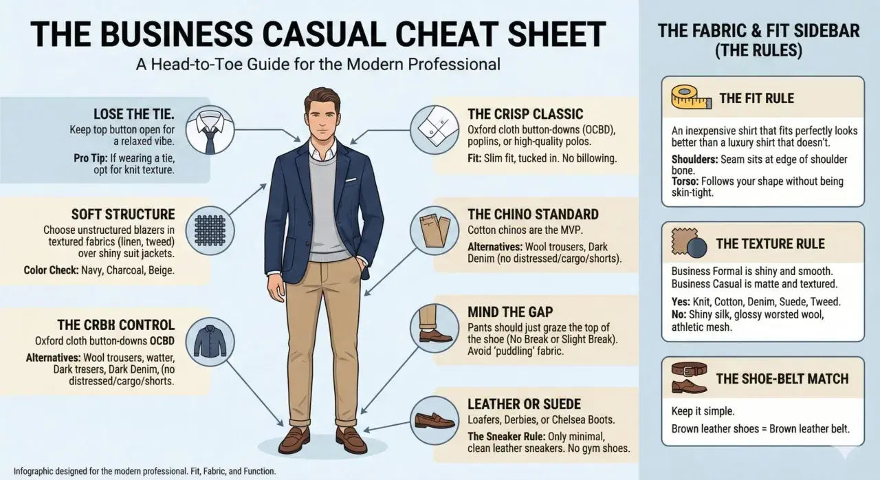 Mann im **Business Casual Attire**: dunkelblaues Sakko, graues Hemd, Khaki-Hosen, braune Loafer. Tipps für Passform und Stoff.