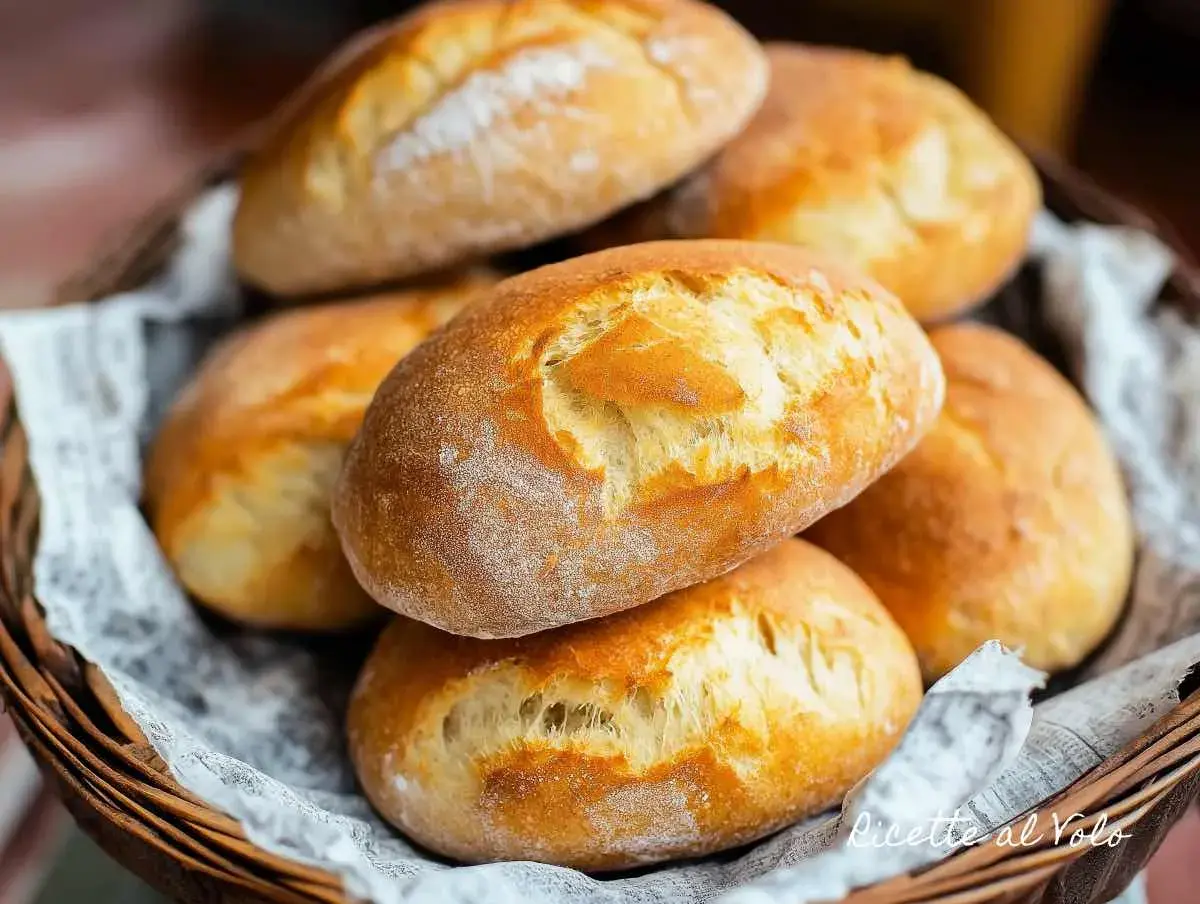 Cesto pieno di panini fatti in casa, dorati e fragranti, pronti per essere gustati.