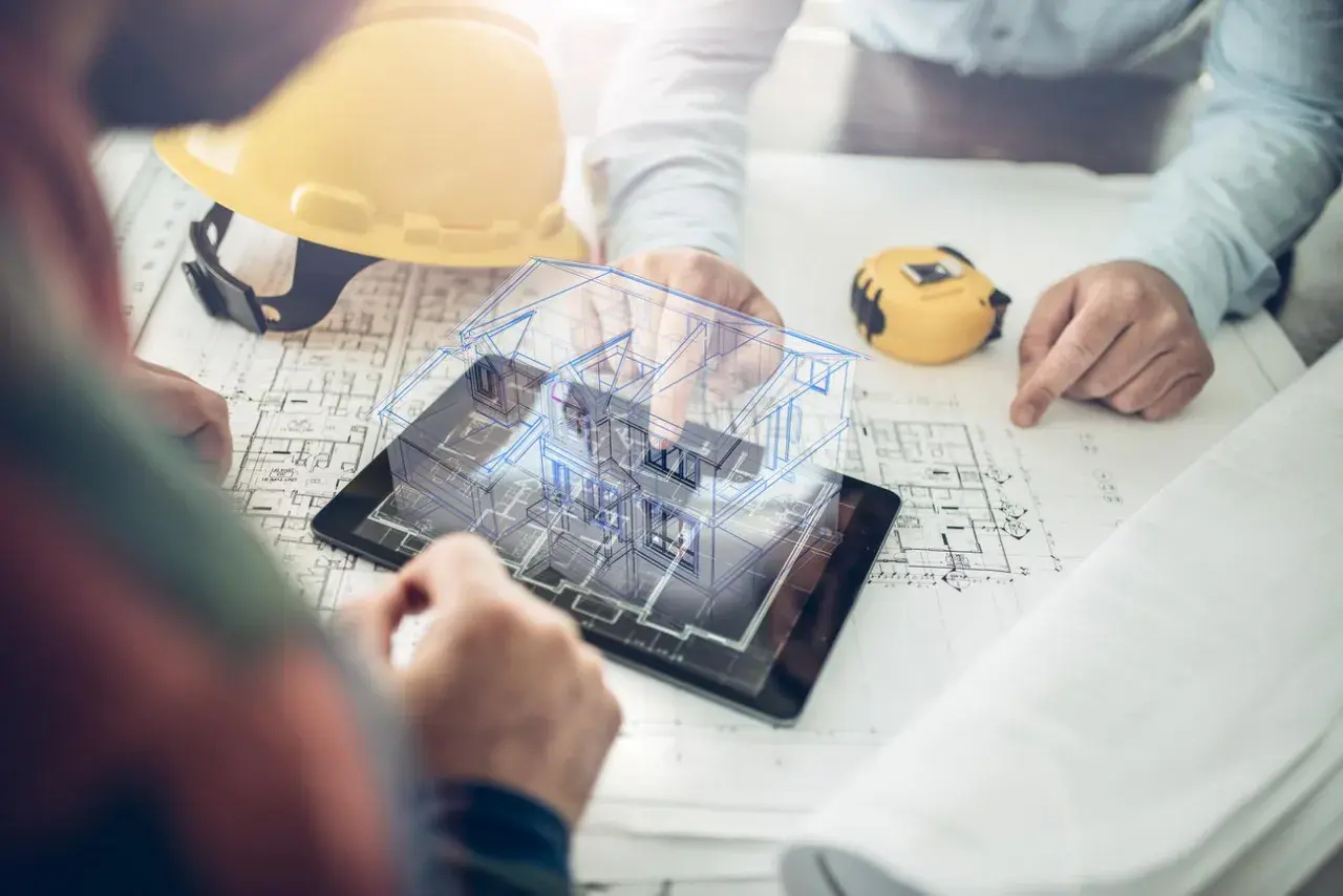 Architekci analizują projekt domu 3D na tablecie, plany i żółty kask.