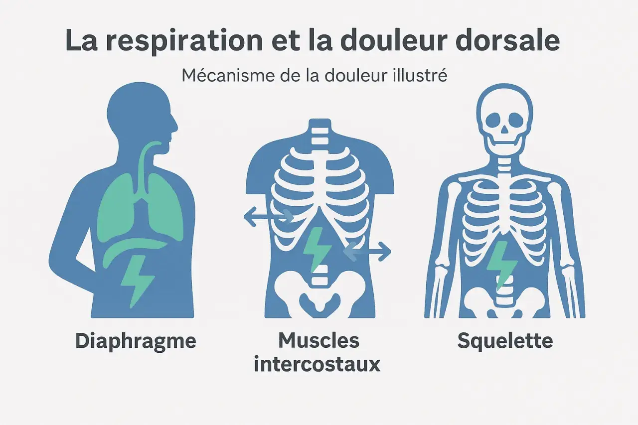 Illustration du diaphragme, des muscles intercostaux et du squelette, montrant le lien entre la respiration et la douleur dorsale. La respiration consciente bienfaits.