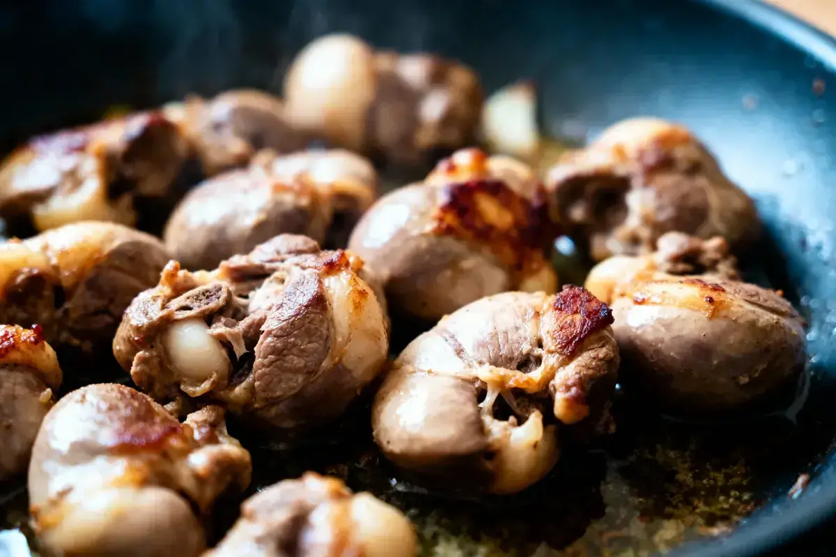 Rognons de veau poêlés, dorés et fumants, prêts à être dégustés.