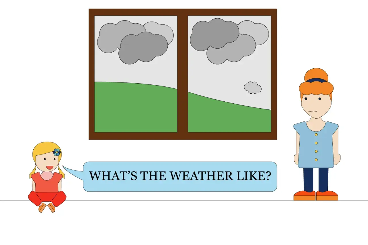Bambina chiede "What's the weather like?" guardando fuori dalla finestra nuvolosa.