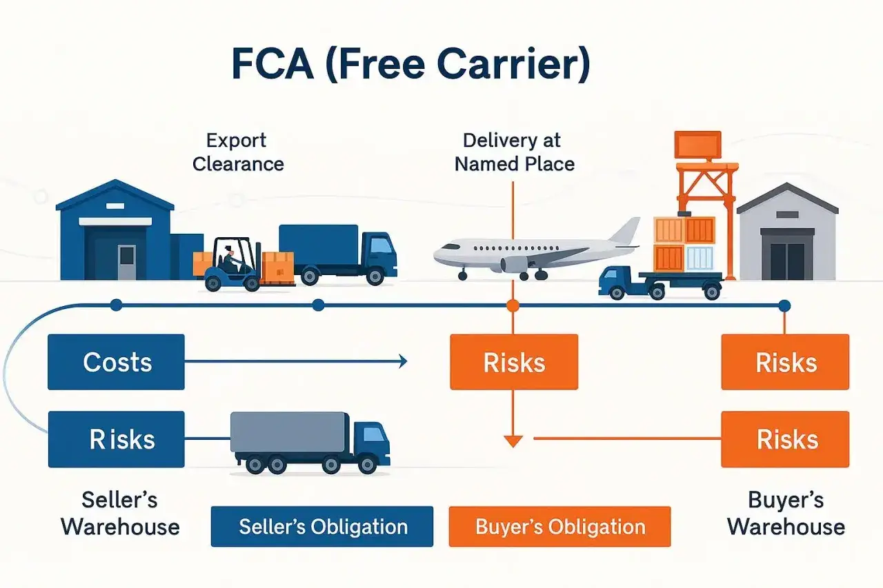 Schema zu FCA (Free Carrier): Exportabfertigung, Kosten & Risiken vom Verkäufer zum Käufer, Lieferung an benanntem Ort.